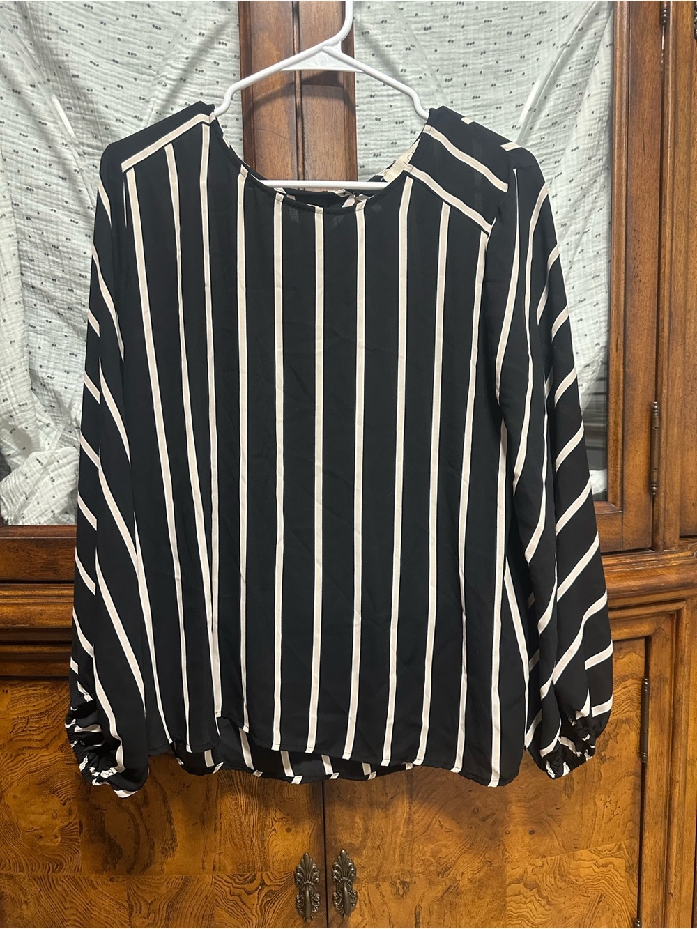 LOFT Black and White Vertical Stripe Long-Sleeve Blouse